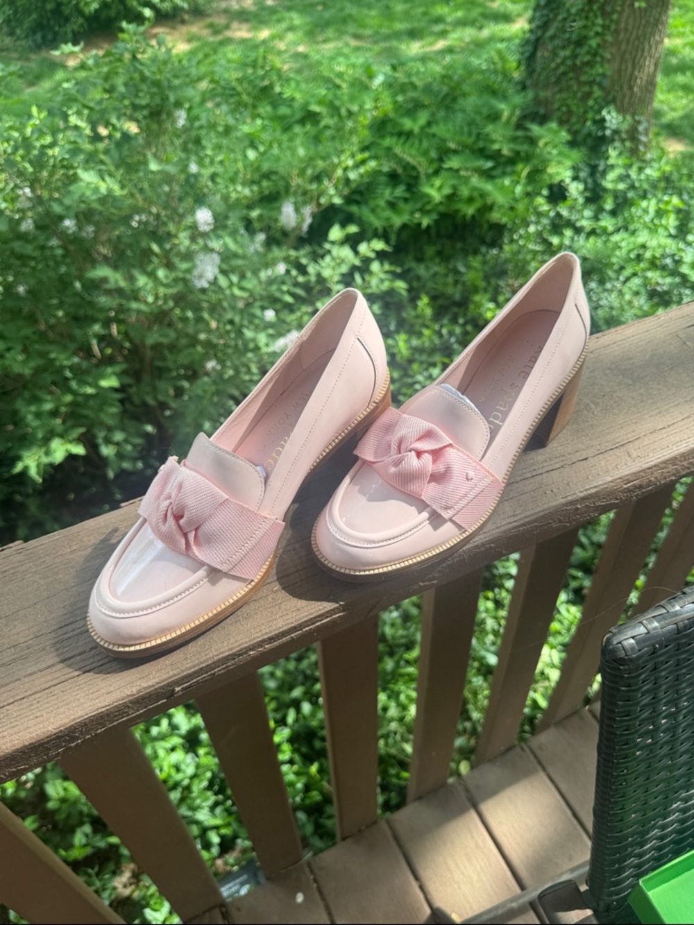kate spade Pale Pink Patent Loafers with Bow Trim